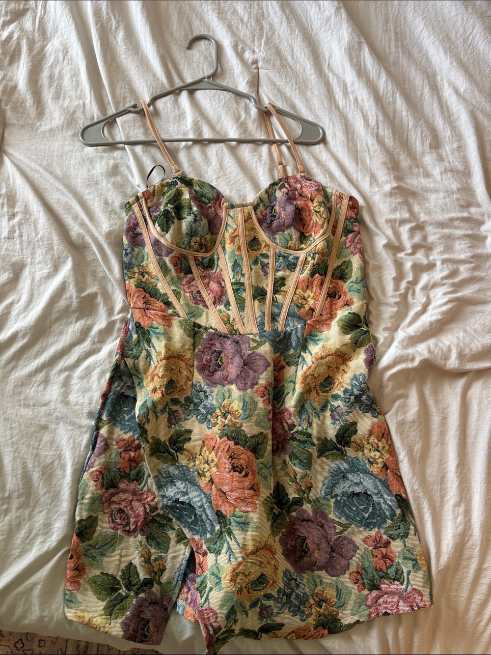 Fashion Nova Floral Bustier Romper in Cream, Green, Pink, Purple